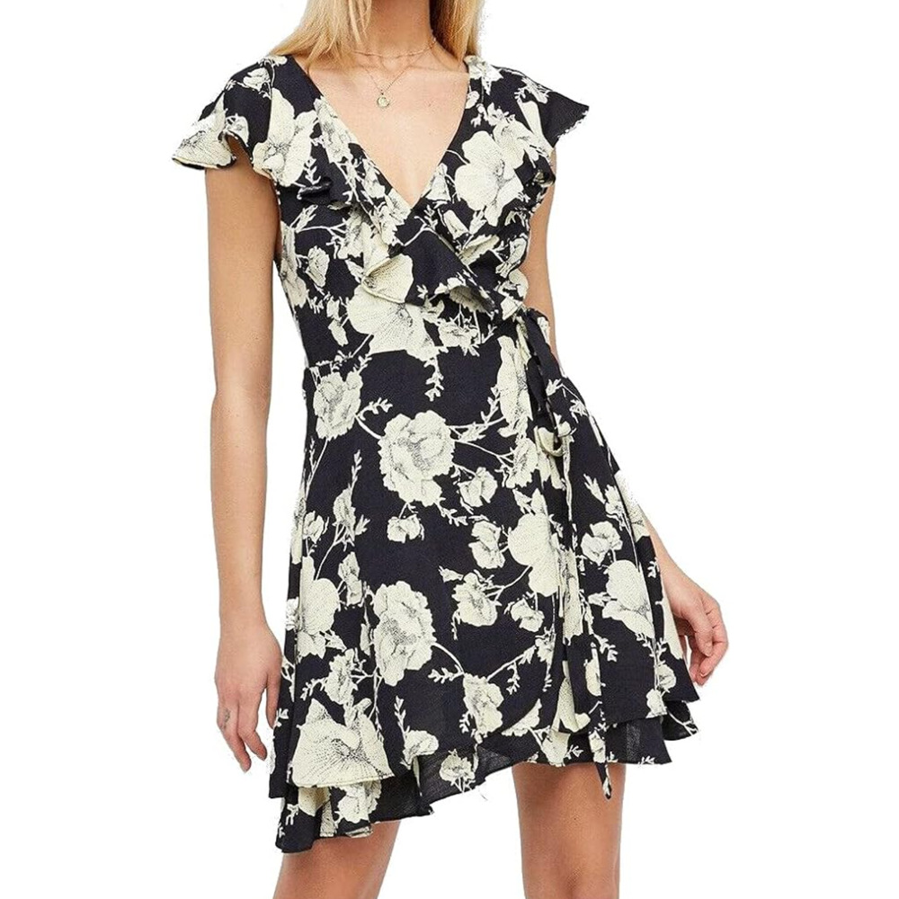 Free People Wrap Dress Women XS‎ Floral French Quarter Ruffle Mini Boho